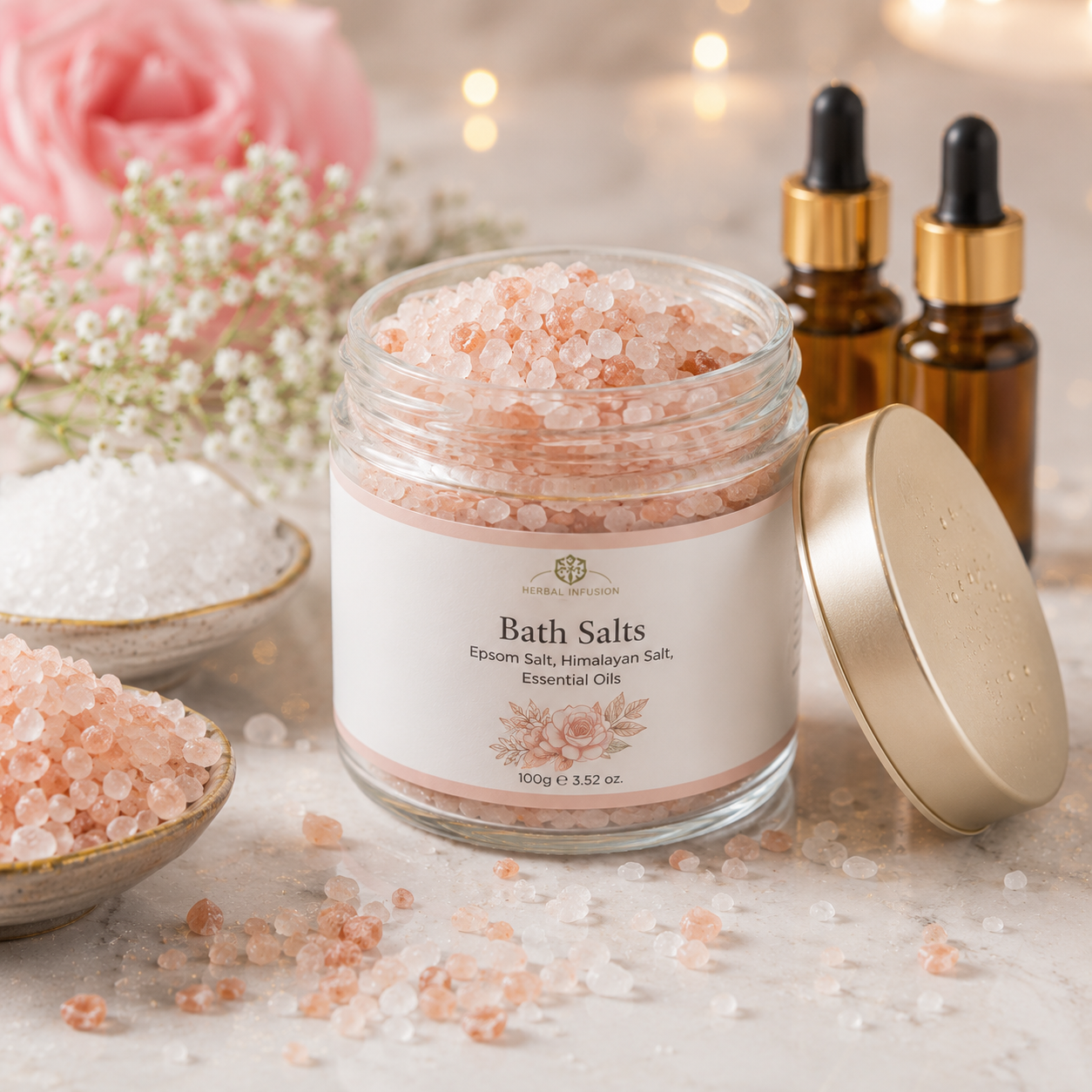 Premium Bath Salts. Ingredients: Epsom Salt, Himalayan Salt, Essential Oils. Size: 100 g.
