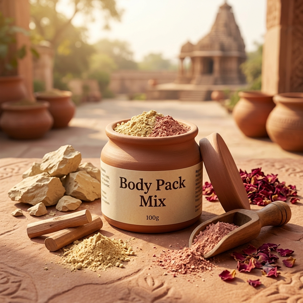 Premium Body Pack Mix. Ingredients: Multani Mitti, Sandalwood Powder, Rose Powder. Size: 100 g.