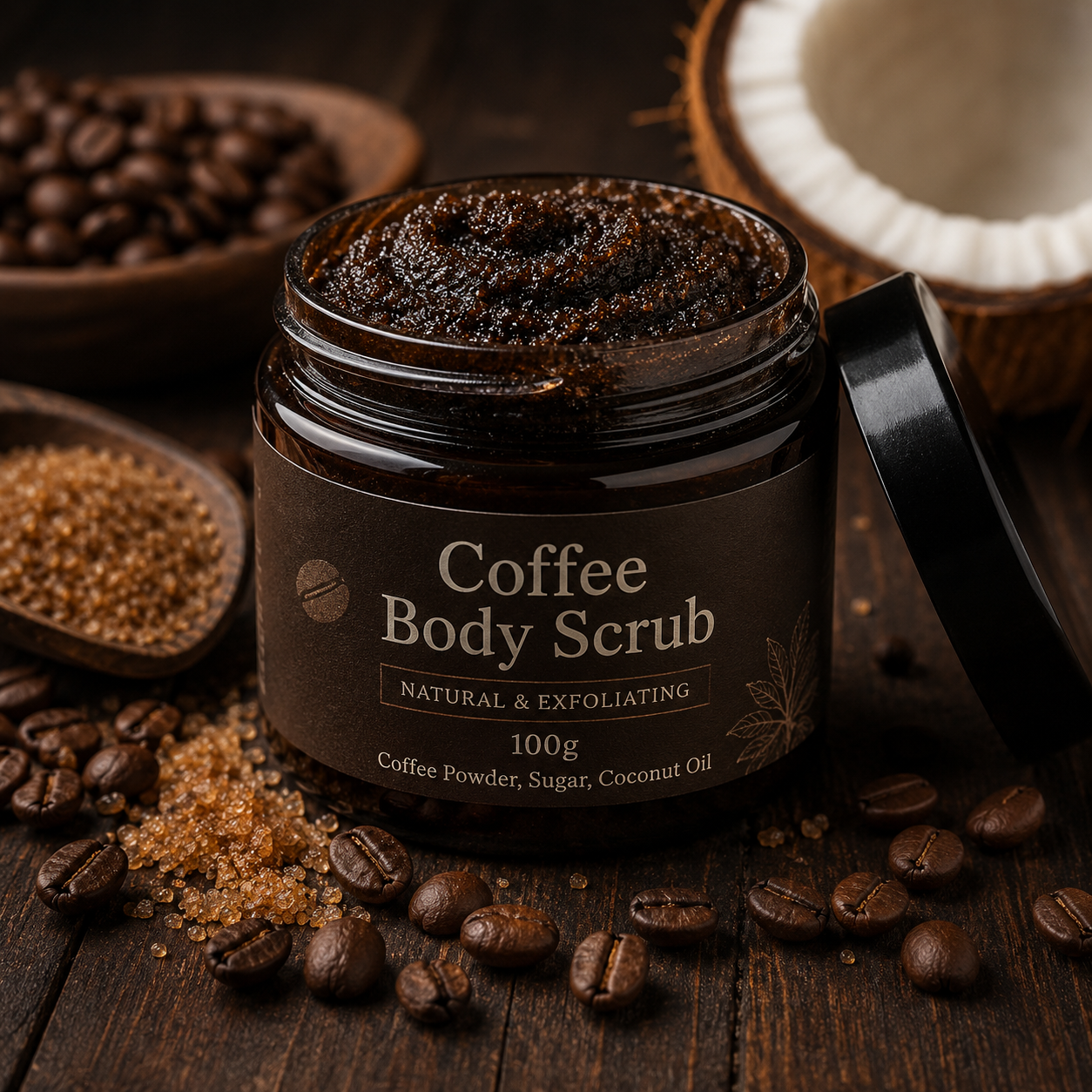 Premium Coffee Body Scrub. Ingredients: Coffee Powder, Sugar, Coconut Oil. Size: 100 g.