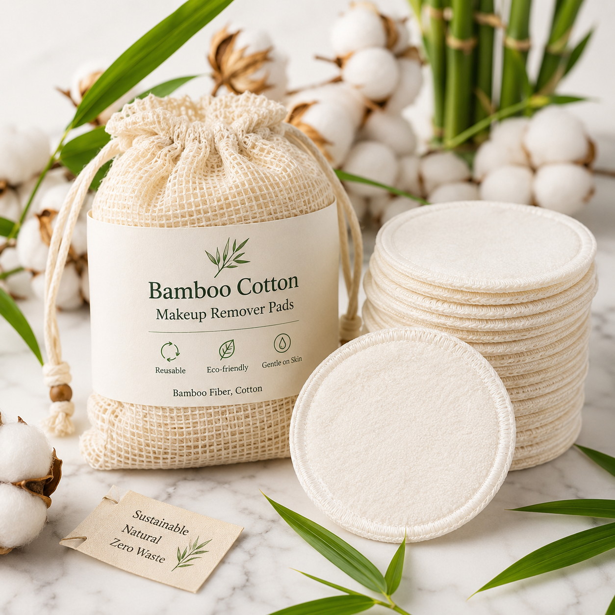Premium Bamboo Cotton Makeup Remover Pads. Ingredients: Bamboo Fiber, Cotton. Size: 1 piece.