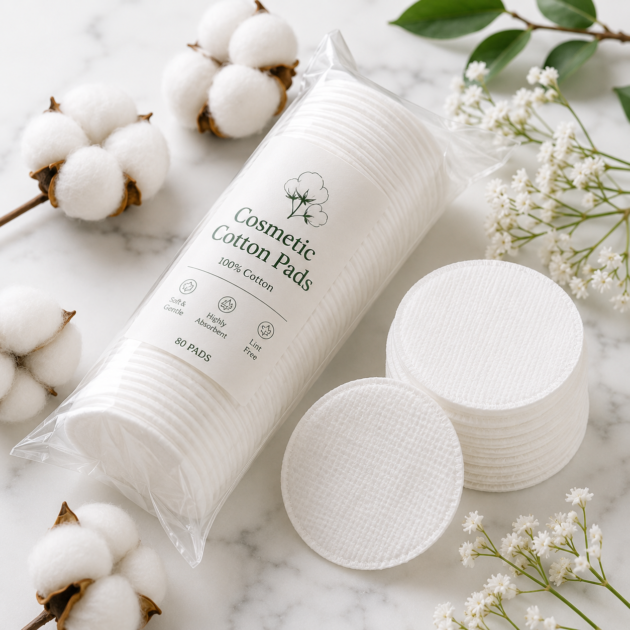 Premium Cosmetic Cotton Pads. Ingredients: 100% Cotton. Size: 1.