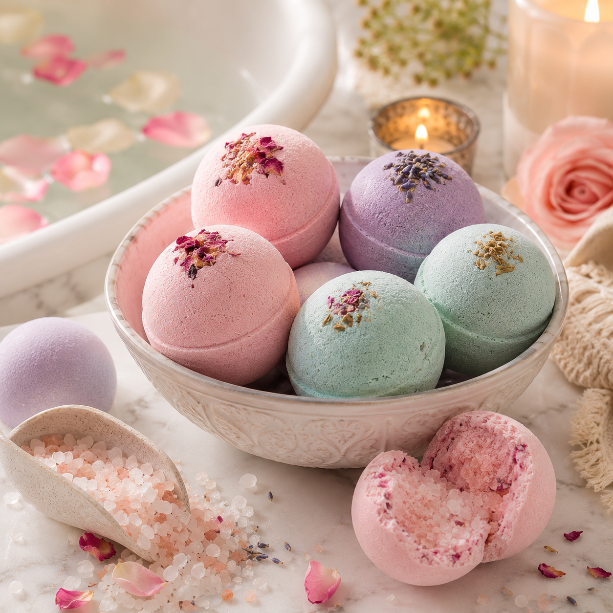Premium Natural Bath Bombs. Ingredients: Baking Soda, Citric Acid, Epsom Salt, Essential Oils. Size: Standard.
