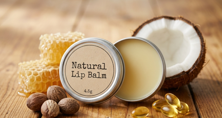 Premium Natural Lip Balm. Ingredients: Beeswax, Shea Butter, Coconut Oil, Vitamin E. Size: 4.5 g.