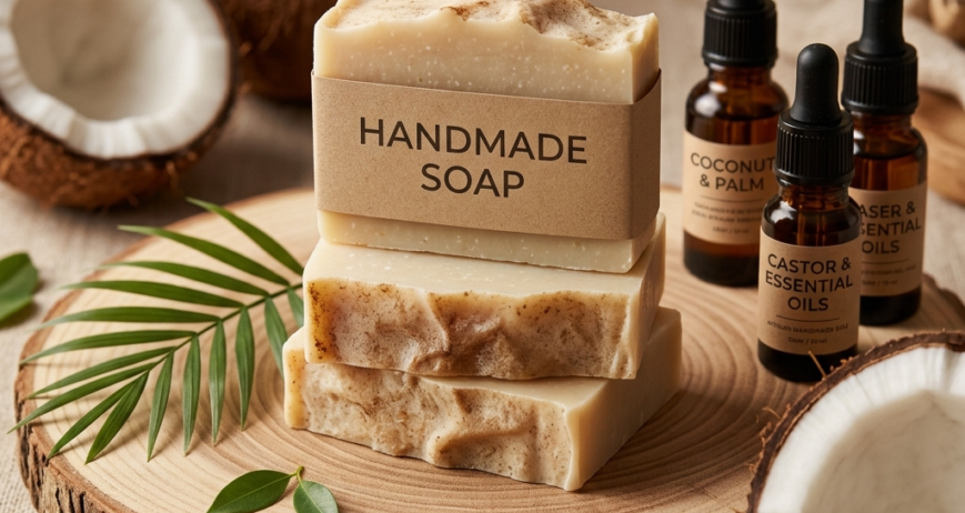 Premium Handmade Soap. Ingredients: Coconut Oil, Palm Oil, Castor Oil, Essential Oils. Size: Standard.