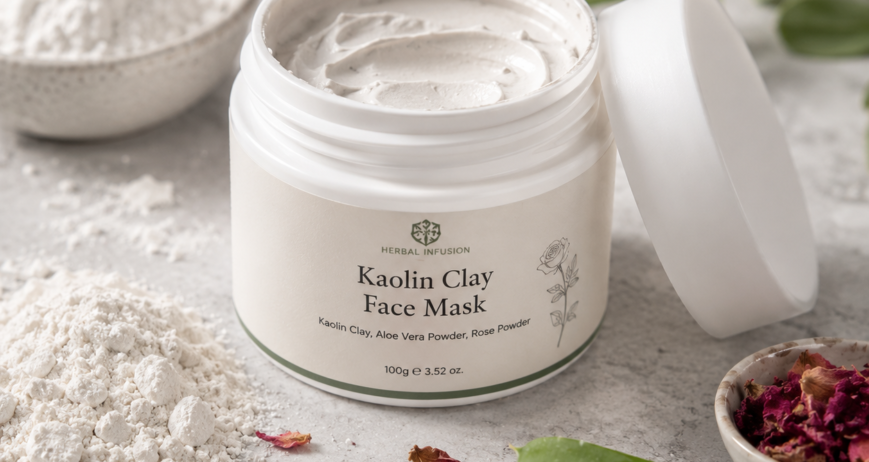 Premium Kaolin Clay Face Mask. Ingredients: Kaolin Clay, Aloe Vera Powder, Rose Powder. Size: 100 g.