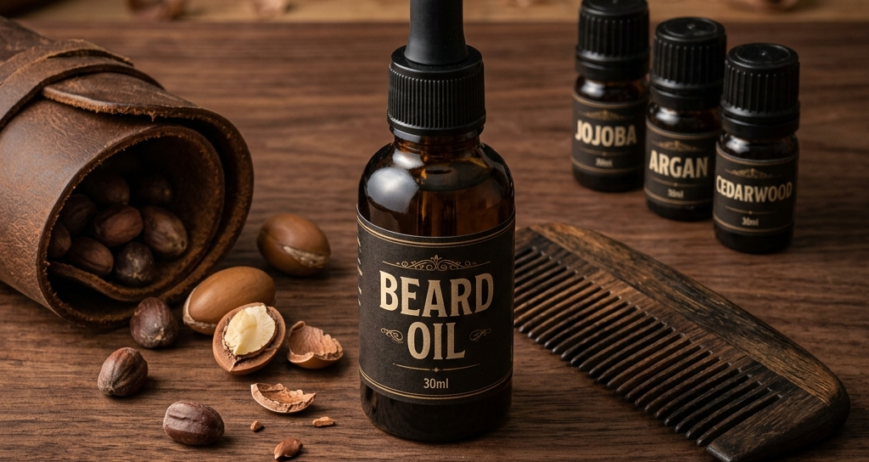 Premium Beard Oil. Ingredients: Jojoba Oil, Argan Oil, Vitamin E, Essential Oils. Size: 30 ml.