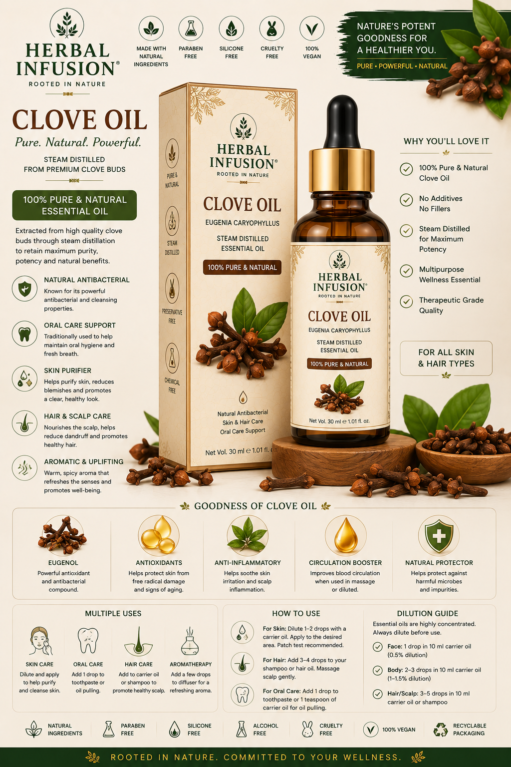 Premium Natural Clove Oil. Ingredients: Pure Clove Essential Oil. Size: 30 ml.