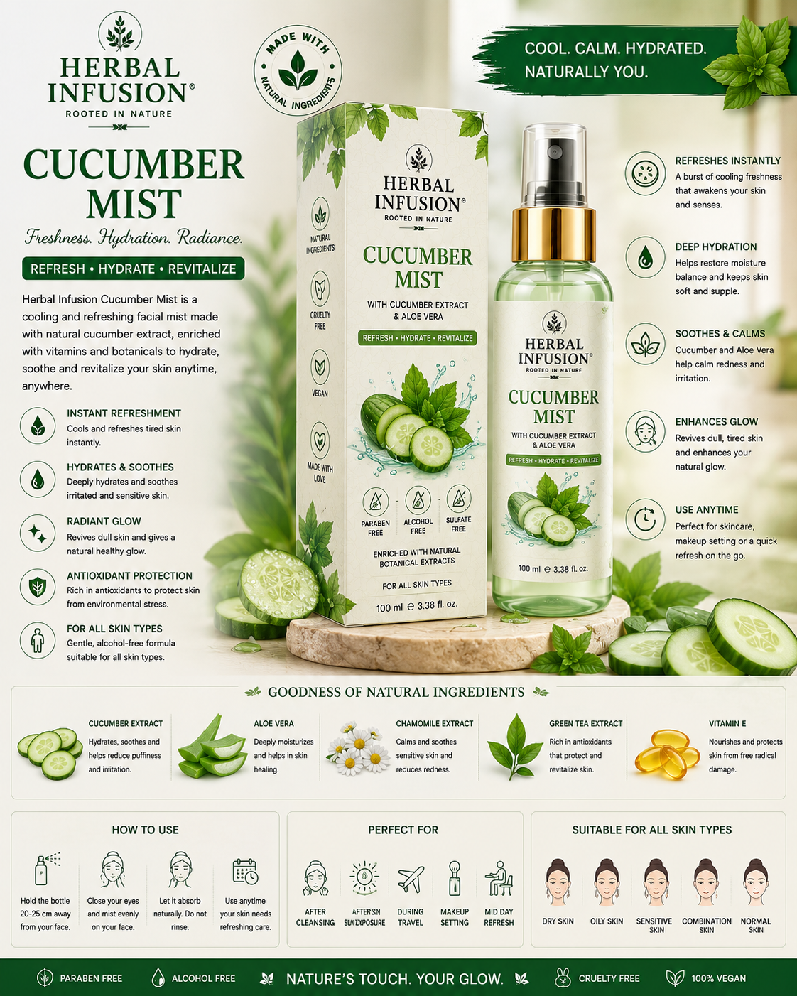 Premium Natural Cucumber Mist. Ingredients: Cucumber Extract, Rose Water, Glycerin. Size: 100 ml.