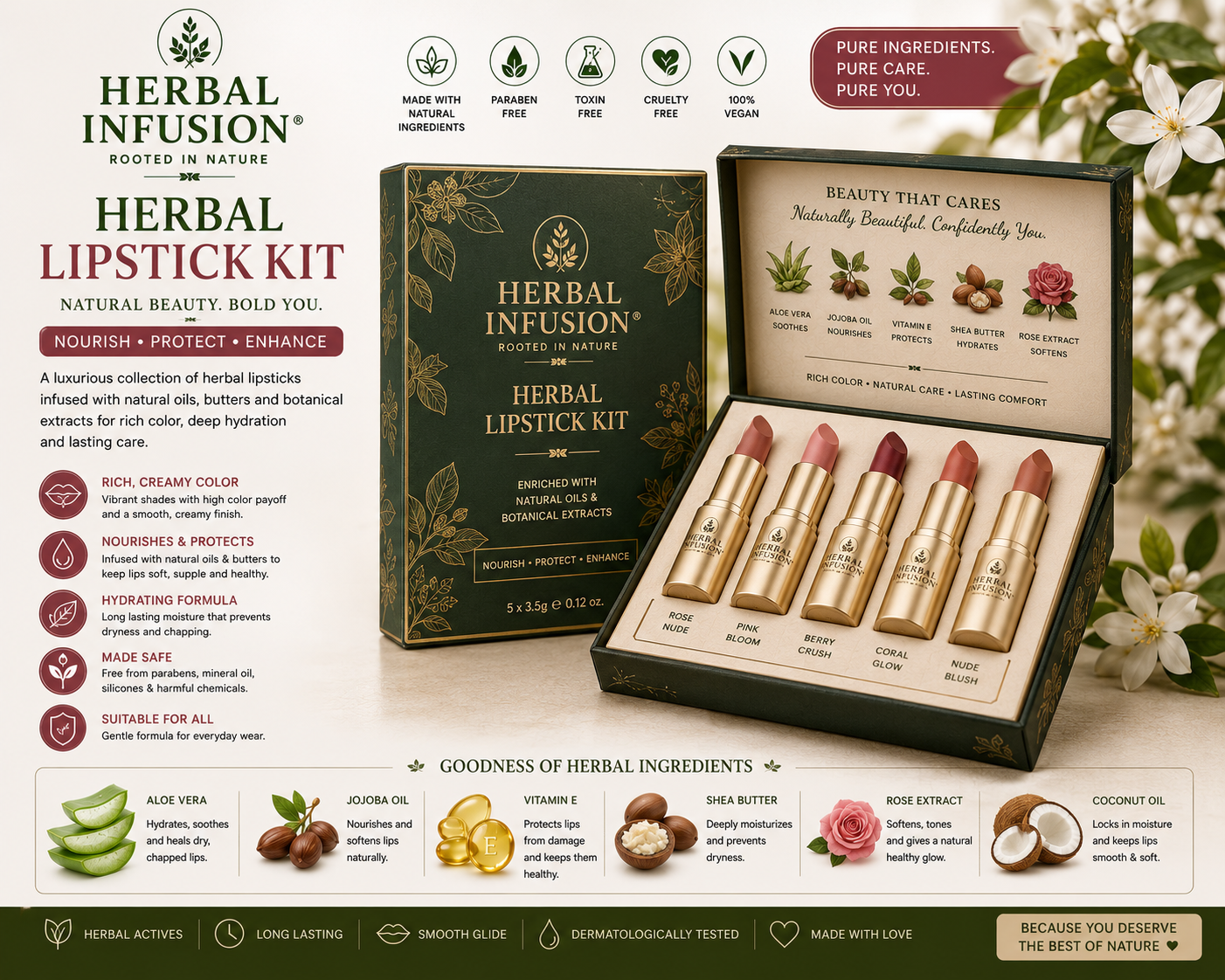 Premium Natural Herbal Lipstick Kit. Ingredients: Natural Pigments, Beeswax, Shea Butter. Size: Set of 3.