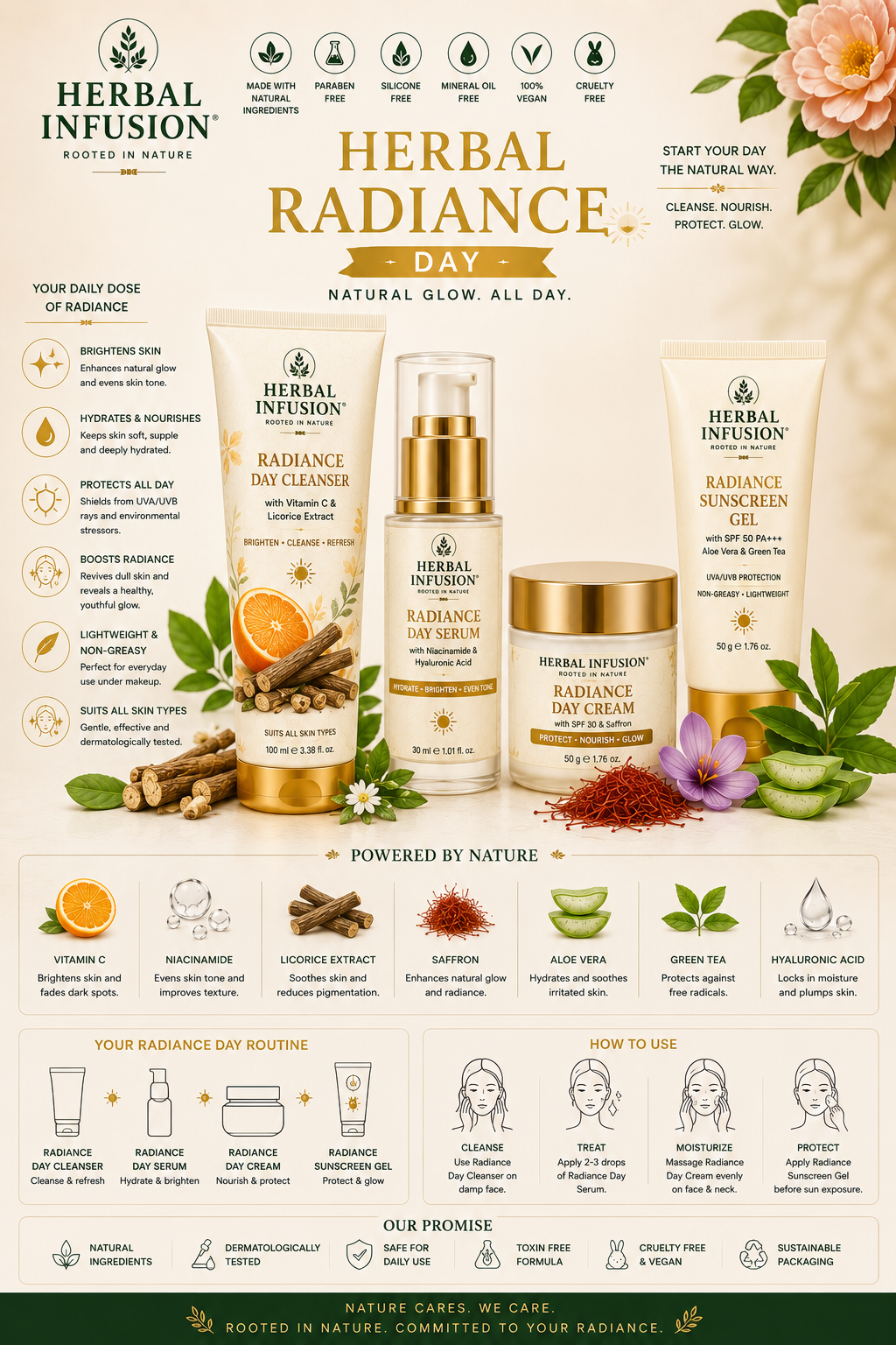 Premium Natural Herbal Radiance Kit. Ingredients: Vitamin C, Turmeric, Aloe Vera Essentials. Size: Complete Kit.
