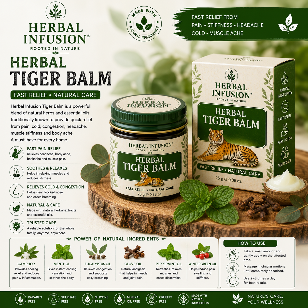 Premium Natural Herbal Tiger Balm. Ingredients: Camphor, Eucalyptus Oil, Menthol. Size: 30 g.