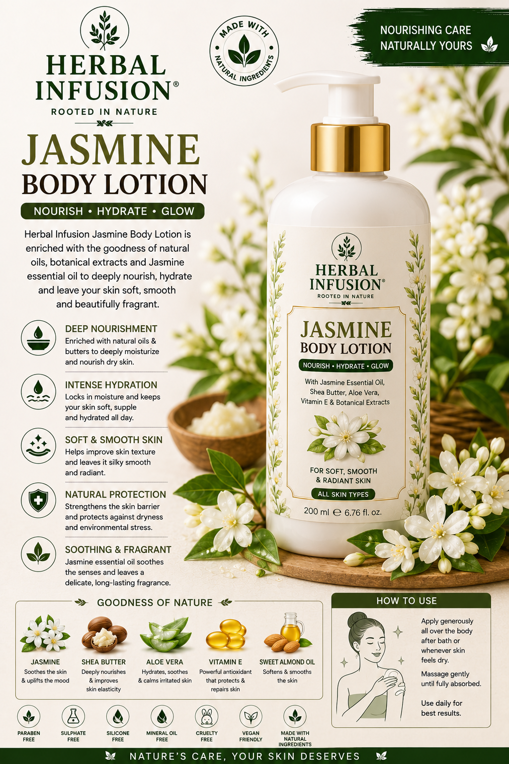 Premium Natural Jasmine Body Lotion. Ingredients: Jasmine Extract, Shea Butter, Glycerin. Size: 200 ml.