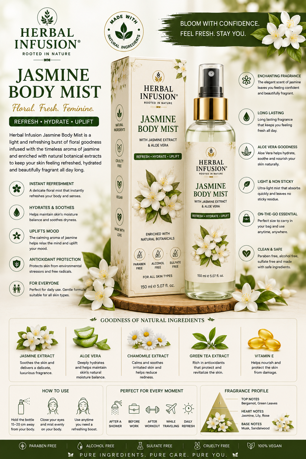 Premium Natural Jasmine Body Mist. Ingredients: Jasmine Extract, Aloe Vera Water. Size: 150 ml.