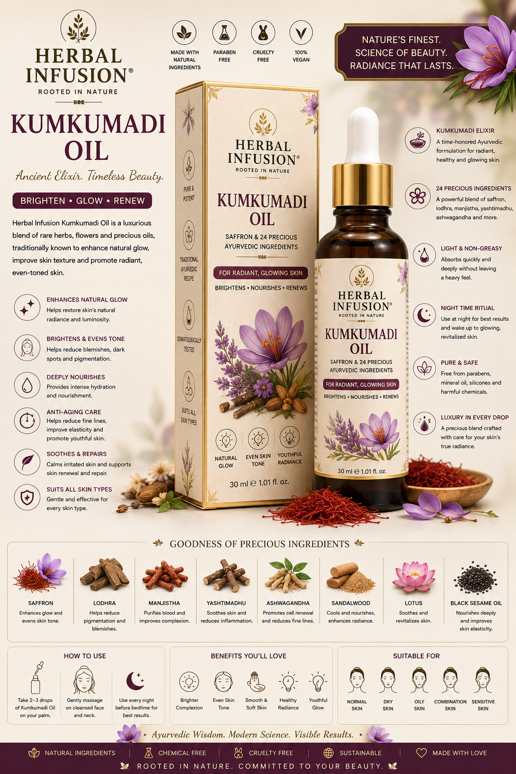 Premium Natural Kumkumadi Oil. Ingredients: Saffron, Sandalwood, Almond Oil Base. Size: 30 ml.