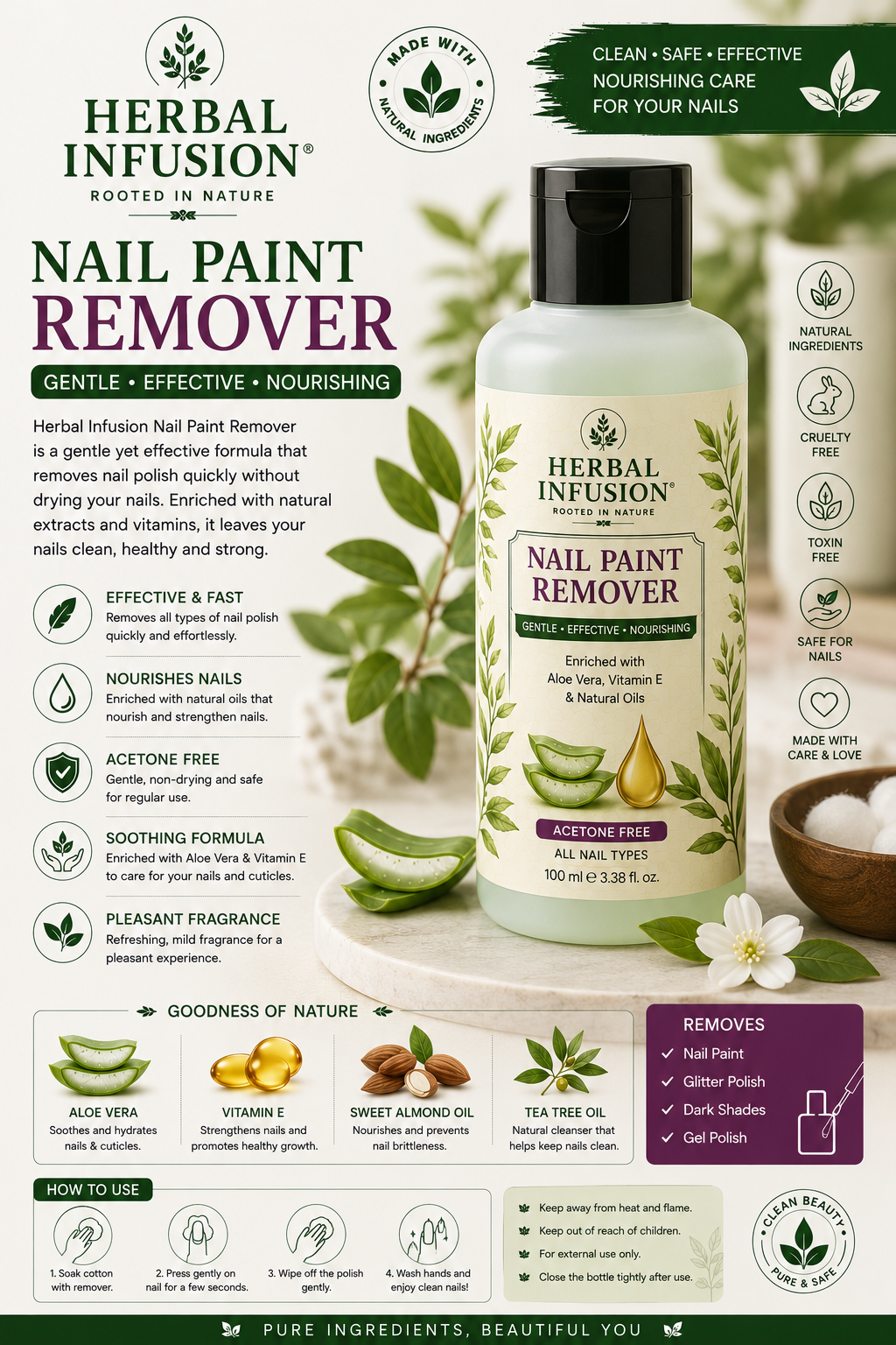 Premium Natural Herbal Nail Paint Remover. Ingredients: Aloe Vera, Vitamin E, Acetone-Free Formula. Size: 100 ml.