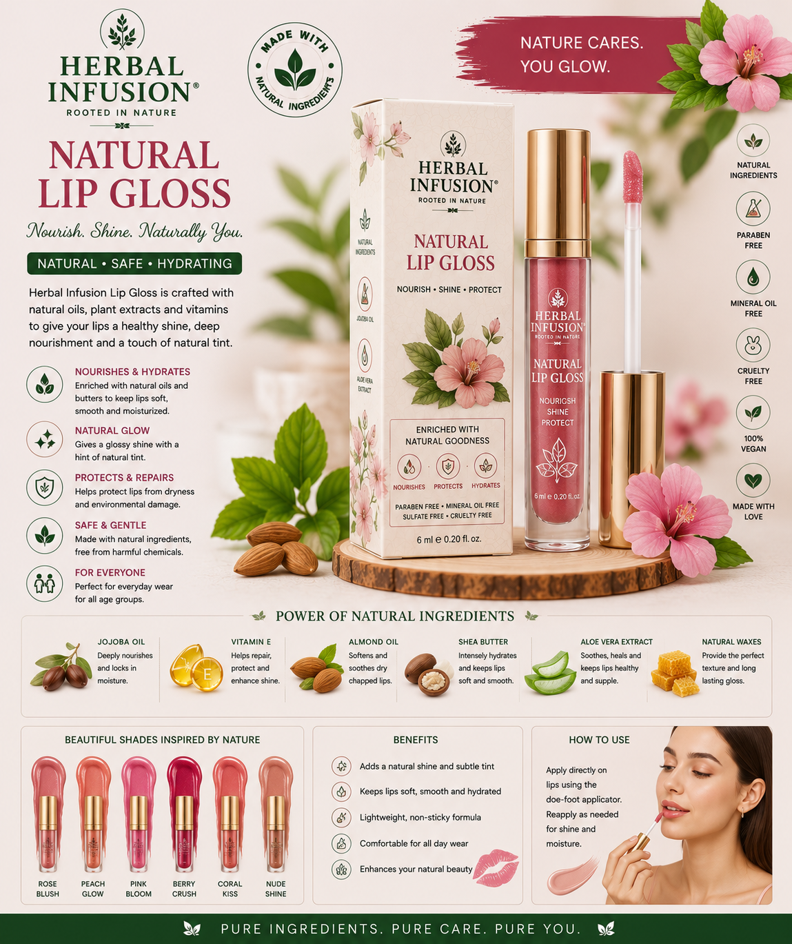 Premium Natural Natural Lip Gloss. Ingredients: Shea Butter, Vitamin E, Natural Pigments. Size: 10 ml.