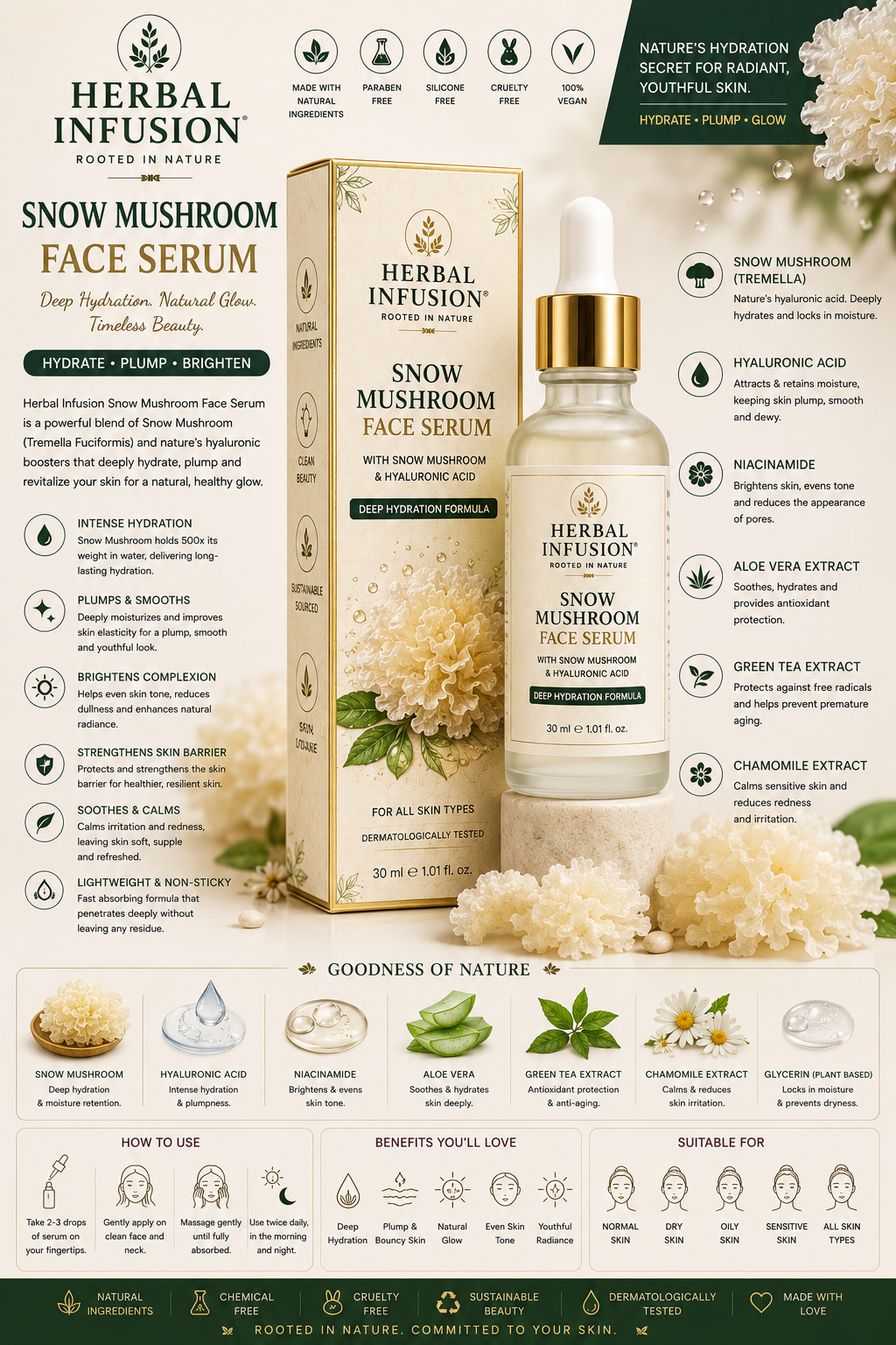 Premium Natural Snow Mushroom Face Serum. Ingredients: Snow Mushroom Extract, Hyaluronic Acid. Size: 30 ml.