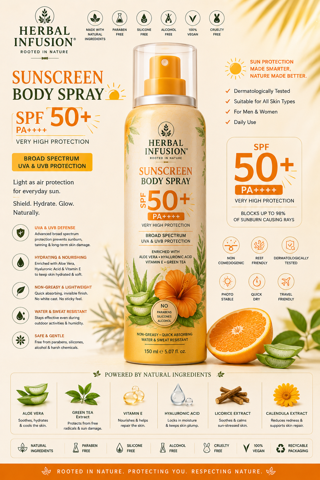 Premium Natural Herbal Sunscreen Spray. Ingredients: Zinc Oxide, Aloe Vera, Green Tea Extract. Size: 100 ml.